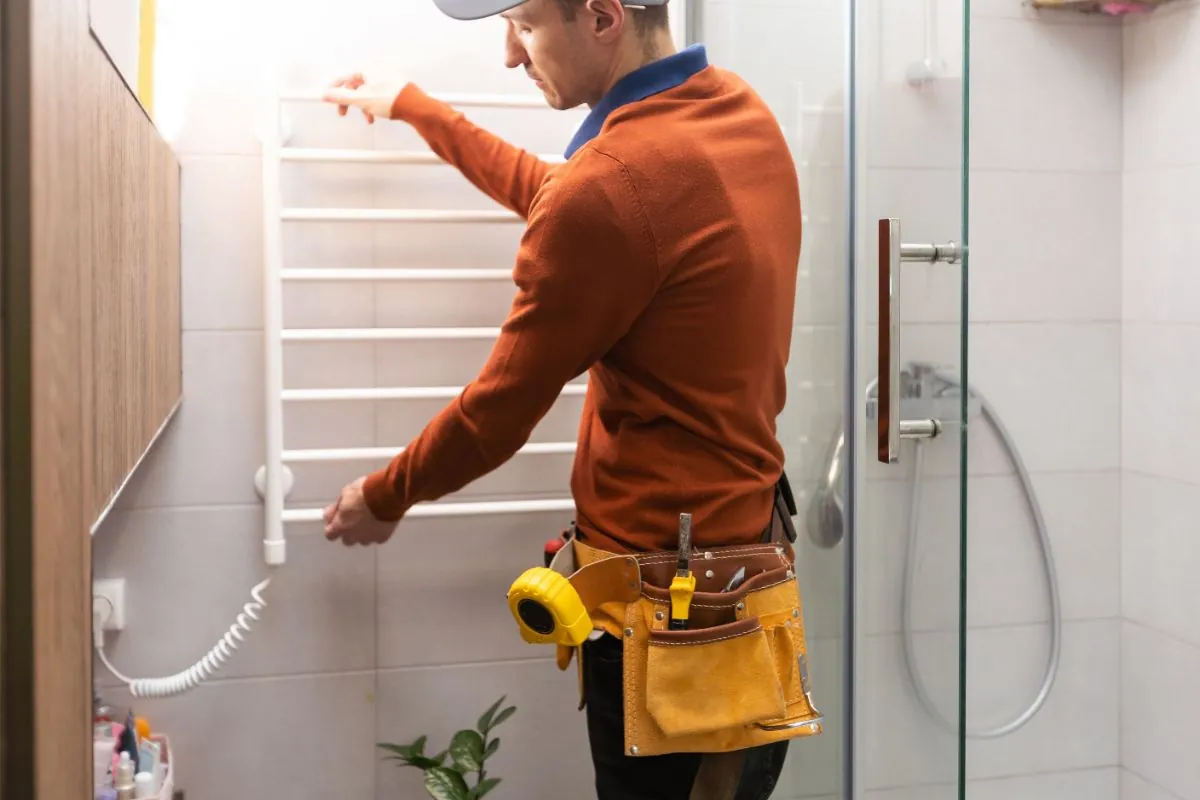 young foreman measuring shower cabin in modern bathroom