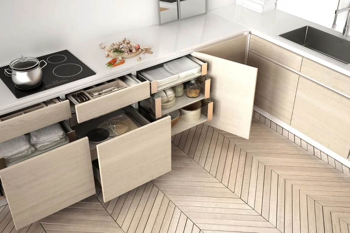 modern kitchen top view, opened wooden drawers with accessories