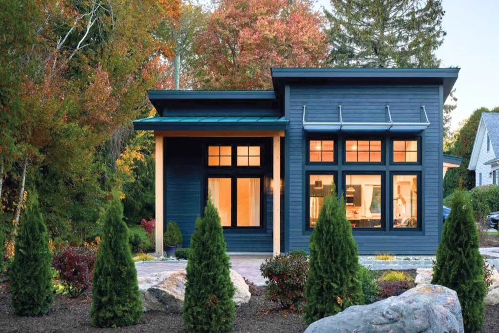 blue accessory dwelling unit with garden