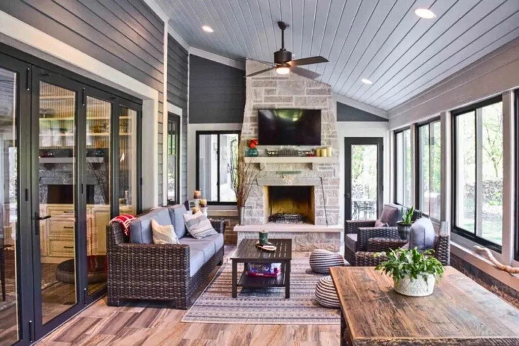 interior of home addition with fireplace