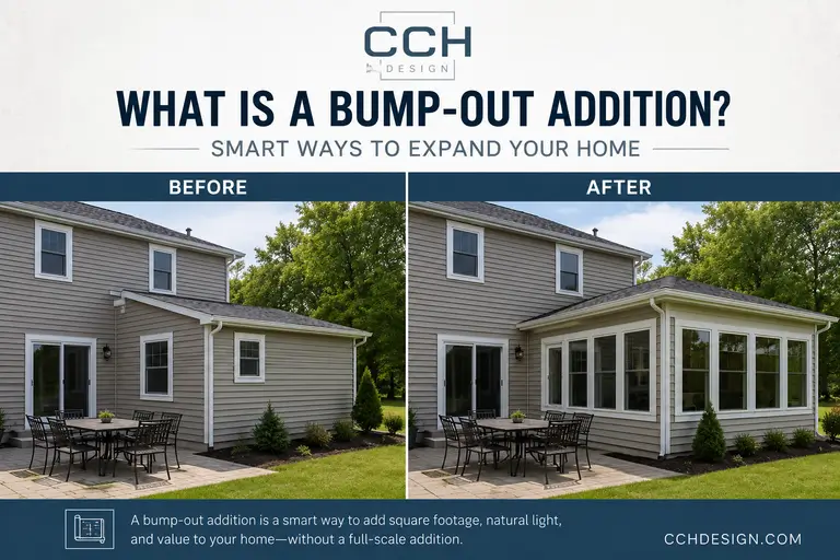 Before-and-after bump-out addition showing an enclosed dining area and open-concept living space created by removing the wall between rooms.