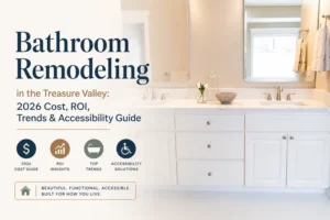 Modern bathroom vanity with dual sinks, white cabinetry, quartz countertop, brushed nickel fixtures, and large framed mirrors, illustrating bathroom remodeling trends and accessibility-focused design in the Treasure Valley.