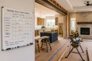 Treasure Valley home remodel in progress with exposed framing, construction tools, and a visible project calendar tracking renovation milestones.