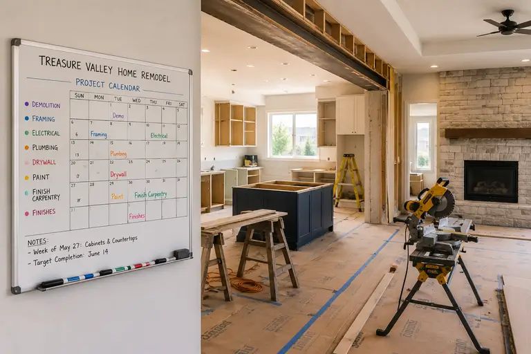 Treasure Valley home remodel in progress with exposed framing, construction tools, and a visible project calendar tracking renovation milestones.