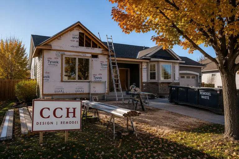 Treasure Valley home undergoing an exterior remodel in autumn with construction materials, a CCH Design | Remodel project sign, and seasonal foliage.