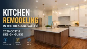 Modern Treasure Valley kitchen remodel with white shaker cabinets, large island, quartz countertops, and warm wood flooring.